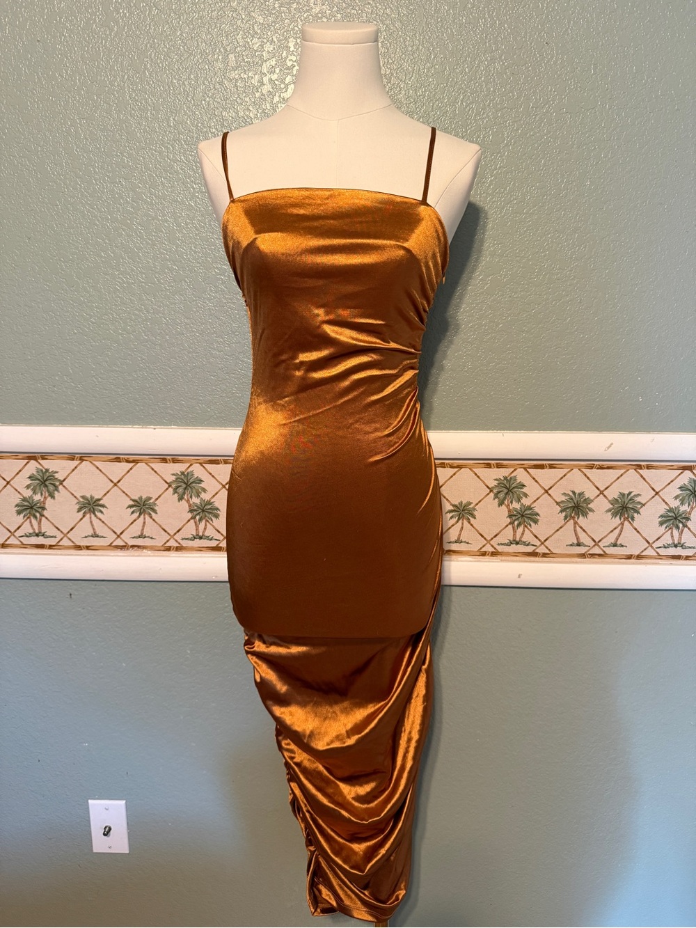 Forever 21 Copper Satin Ruched Slip Midi Dress